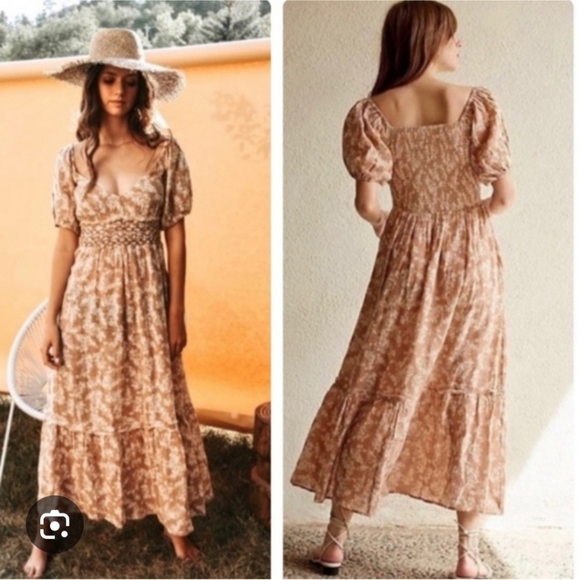 Free People Womens Ellie Printed Puffed Sleeve Casual NEUTRAL MAXI DRESS 100% CO - Picture 1 of 8